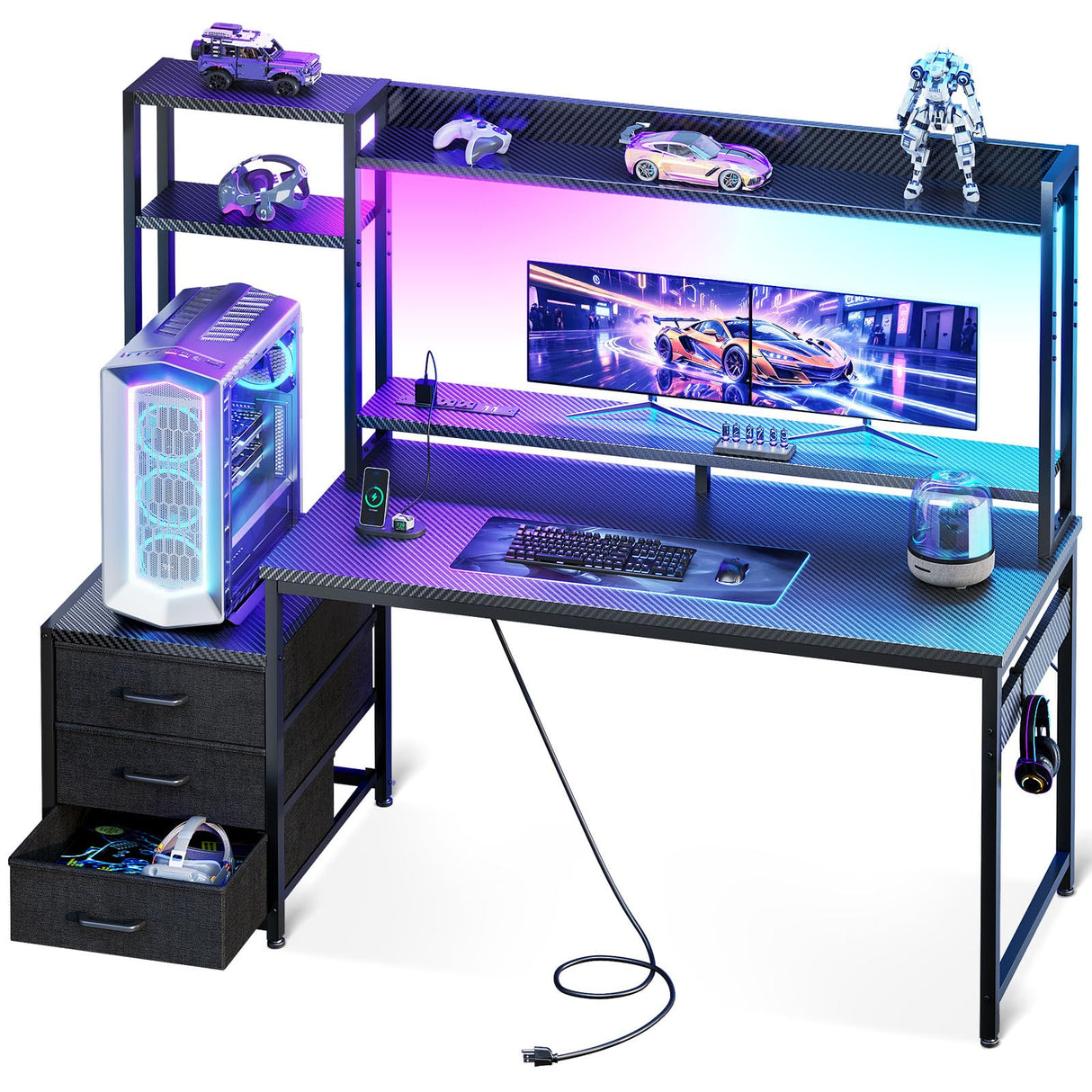Casaottima 48 Inch Gaming Desk with Hutch & 3 Fabric Drawers, Computer Desk with USB Ports & LED Lights, Reversible Pc Gamer Table with Monitor Stand for Home Office, Carbon Fiber Black Casaottima
