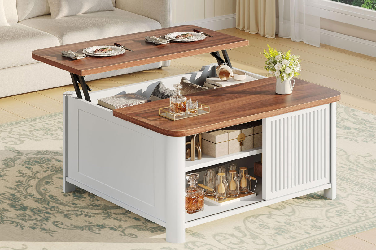 Decofy Lift Top Coffee Table with Storage, 31.5" Mid Century Modern Square Coffee Tables for Living Room, Large Hidden Storage Compartment, Adjustable Shelves & Sliding Door, White Decofy