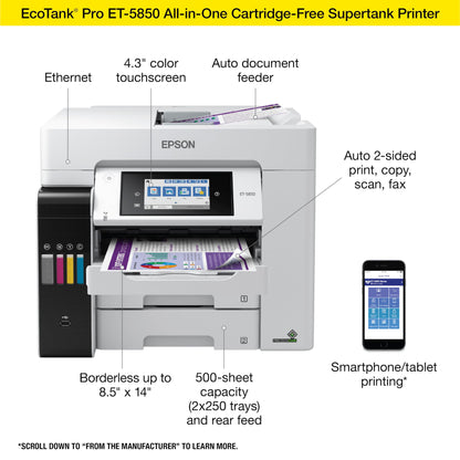 Epson EcoTank Pro ET-5850 Wireless Color All-in-One Supertank Printer with Scanner, Copier, Fax and Ethernet, White