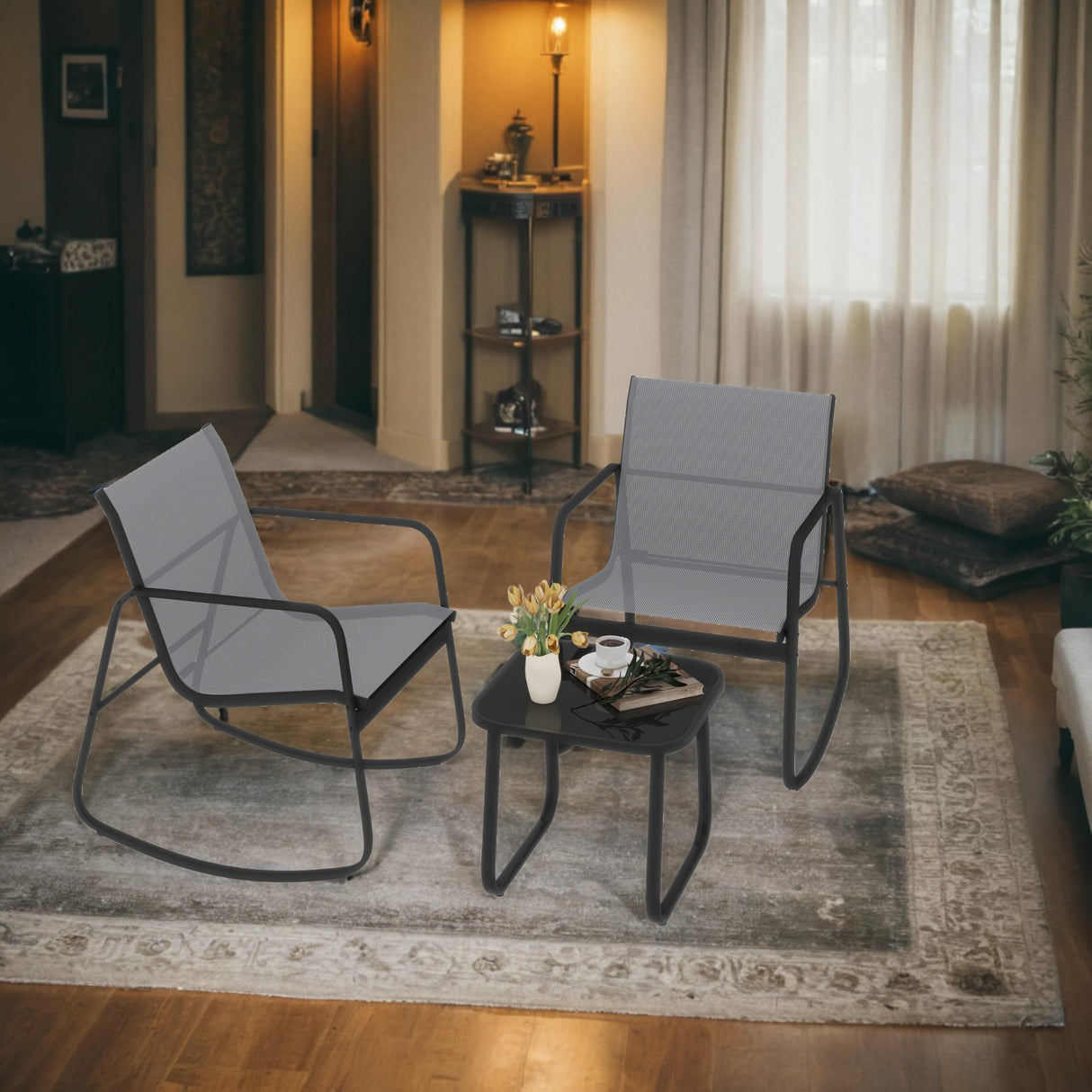 DWVO Gray 3-Piece Patio Bistro Set, Outdoor Textilene Furniture with 2 Rocking Chairs and Coffee Table for Backyard Lawn Garden Balcony Poolside DWVO
