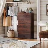 WLIVE Tall Dresser for Bedroom, Wood Chest of Drawers with Mental Handles, Brown Bedroom Dresser with 5 Drawers, Modern Minimalist Closet Store Organizer for Living Room, Hallway WLIVE