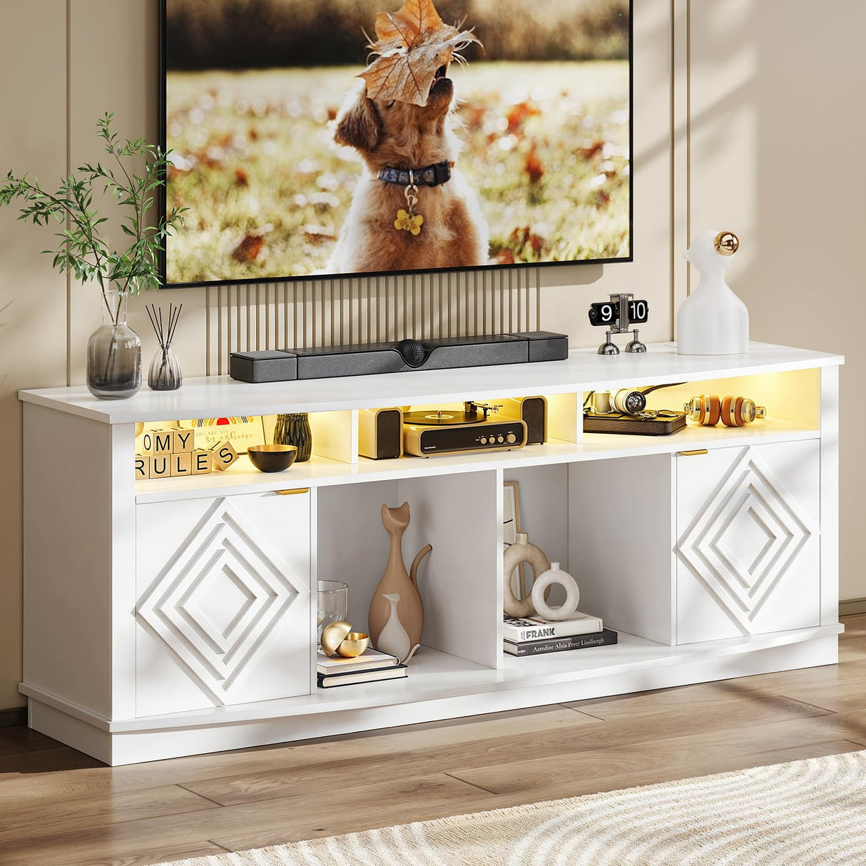 ONBRILL LED TV Stand for 80 Inch TV, Entertainment Center with Power Outlets, Modern TV Console Gaming Media Television Stands with Storage for Living Room, Bedroom, Gaming Room, 70 Inch, White ONBRILL