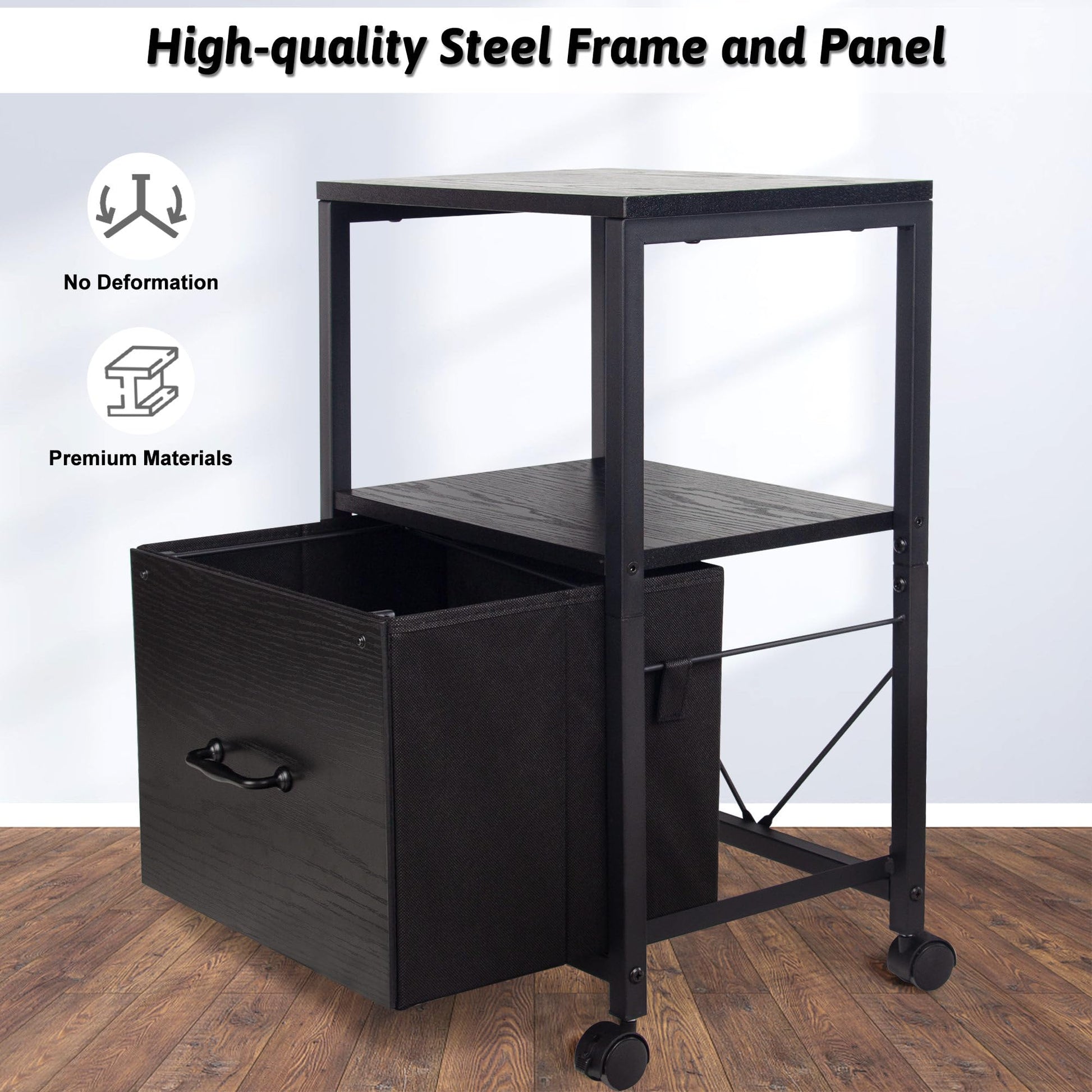 FurnoFlex 2 Tier Metal Mobile Under Desk Home Printer Stand with Storage Drawer Small File Cabinet for Home Office with Wheels Printer Tables for Small Spaces, Black - WoodArtSupply