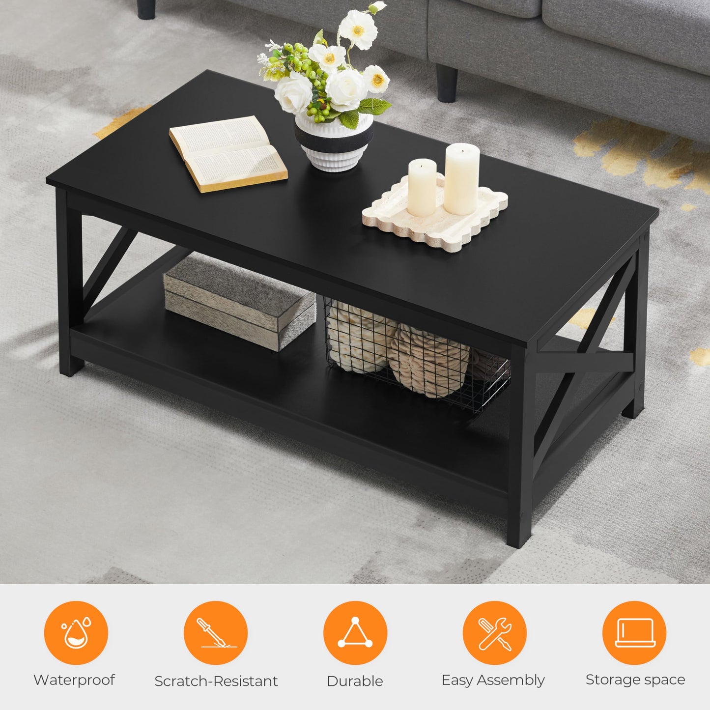 Yaheetech Wood 2-Tier Black Coffee Table with Storage Shelf for Living Room, X Design Accent Cocktail Table, Easy Assembly Home Furniture, 39.5 x 21.5 x 18 Inches