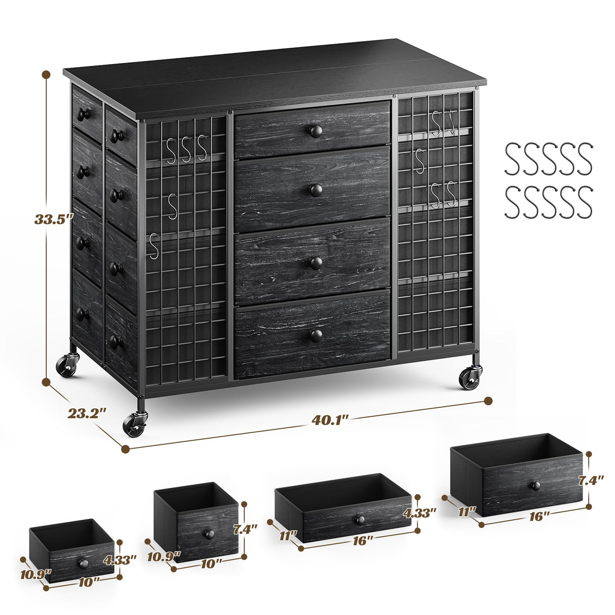 EnHomee 24 Drawers Black Dresser for Bedroom, Dressers & Chests of Drawers with 4 Wheels and 40“ * 23” Wide Wooden Top, Metal Frame, Organizer Island with Hooks for Bedroom, Cloakroom, Dressing Room EnHomee