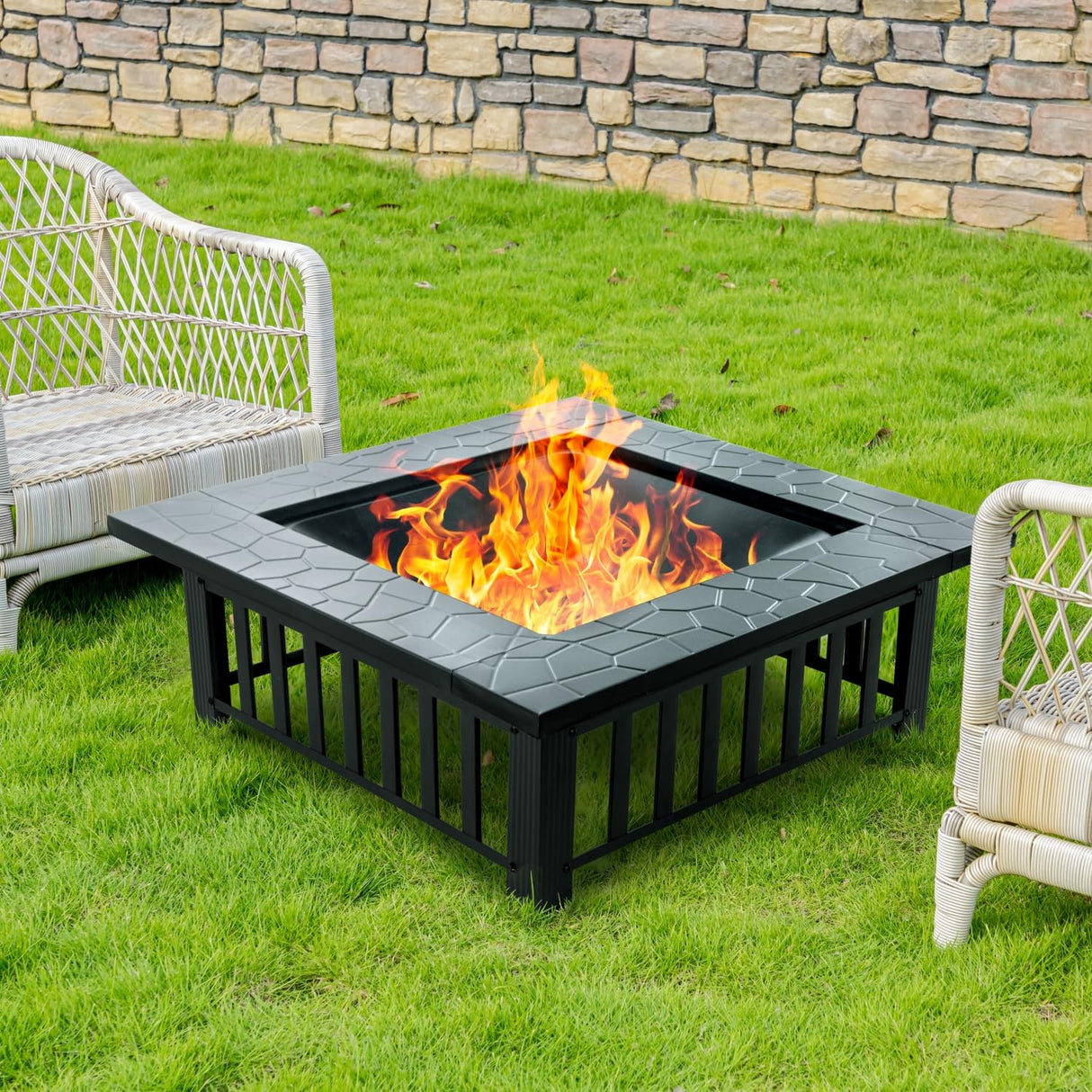 EcoNook 32 inch Fire Pit, Square Outdoor Fire Pit Table with Spark Screen & Fire Poker, 3-in-1 Multipurpose Firepits for Outside, Fireplace for Yard, Garden, Patio EcoNook