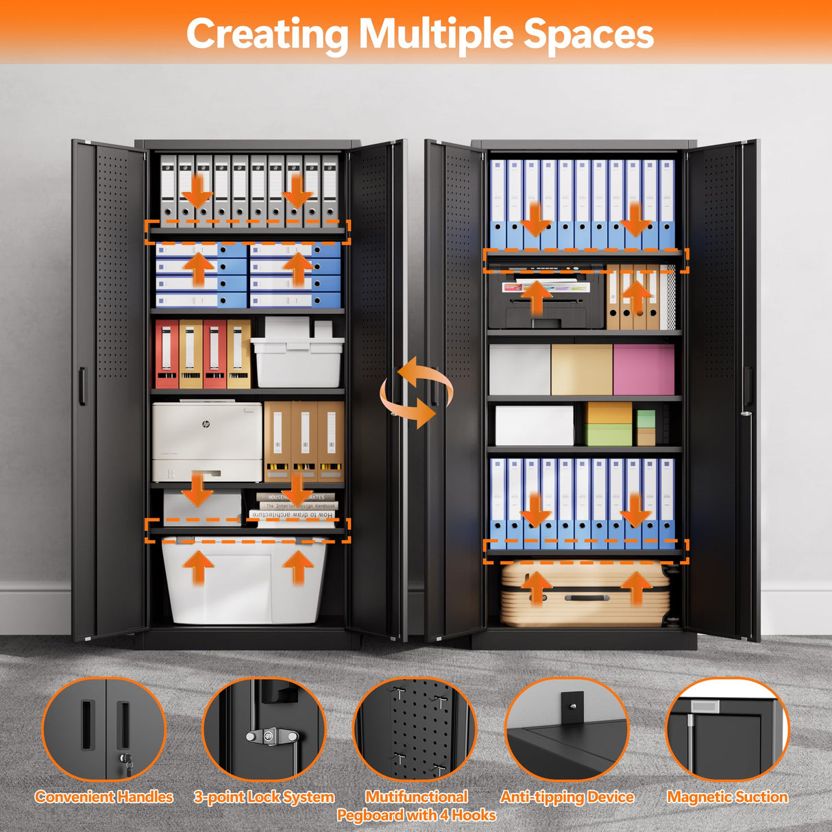 Aobabo 71" H×32" W×16" D Metal Storage Cabinet with 5 Adjustable Shelves, Locking Garage Storage Cabinet with Pegboards and 4 Hooks for Garage, Office, Black, Assembly Required Aobabo