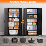 Aobabo 71" H×32" W×16" D Metal Storage Cabinet with 5 Adjustable Shelves, Locking Garage Storage Cabinet with Pegboards and 4 Hooks for Garage, Office, Black, Assembly Required Aobabo