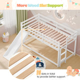 MU Twin Bunk Bed with Slide, Wood Low Bunk Bed Frame with Climbing Ladder & Safety Guard Rail, Floor Loft Bed with Lower Storage Space for Kids Toddler, White MU