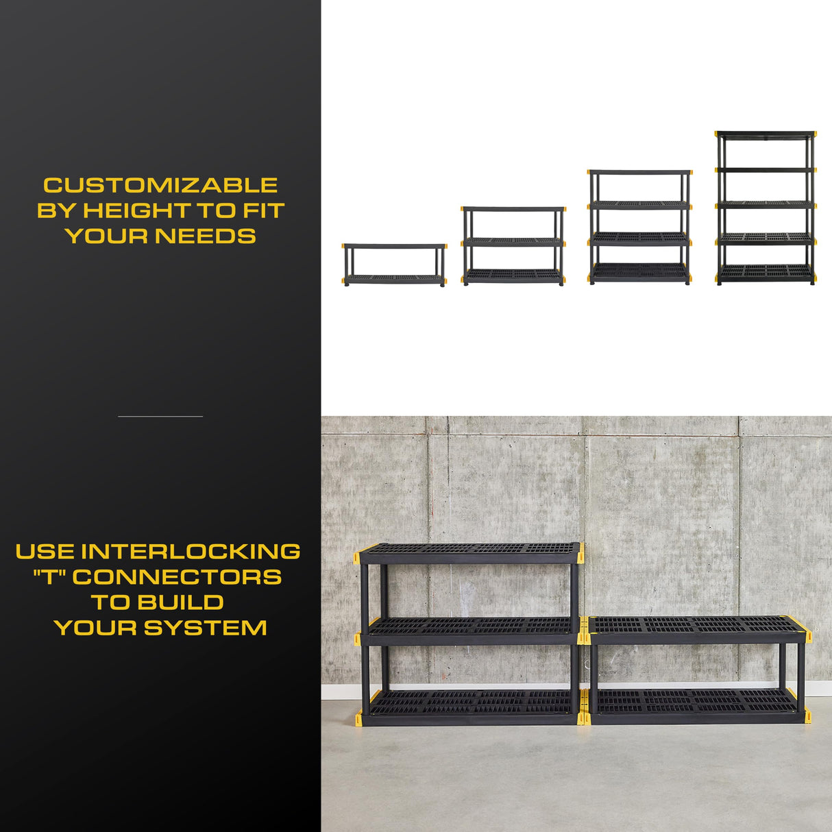 CX Black & Yellow®, 5-Tier Heavy Duty Plastic Storage Shelving Unit, 200lbs/shelf (72”H x 48”W x 20”D), for Indoor/Outdoor Organization, Modular Rack CX