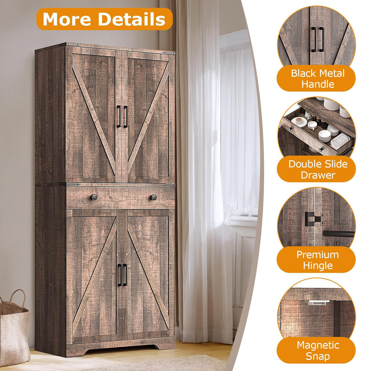 Teekyooly 72" Tall Farmhouse Kitchen Pantry Cabinet, Large Storage Cabinet with 6 Adjustable Shelves, 4 Barn Doors & Drawer for Bathroom, Dining Room, Brown Teekyooly