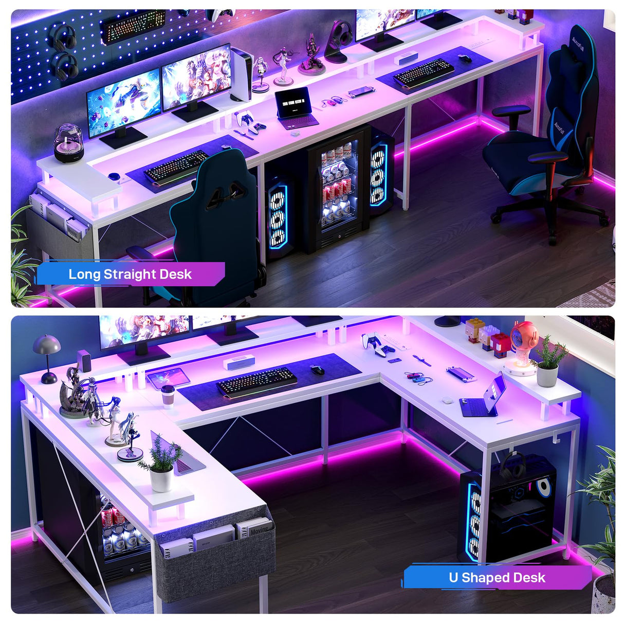 Jojoka U Shaped Computer Gaming Desk, Reversible L Shaped Desk with Power Outlets, LED Strip & Monitor Stand, Large Corner Desk with Storage Shelves for Home Office, White Jojoka