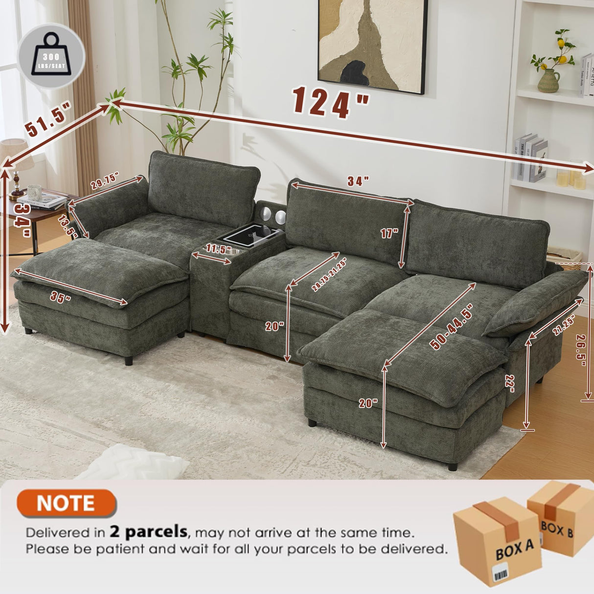JUSTONE 124" U-Shaped Modular Sectional Sofa with Storage & Charging Station | 2 Movable Ottomans, Bluetooth Speakers, Cup Holders | Recliner Function, Convertible Design, Green Chenille Fabric JUSTONE