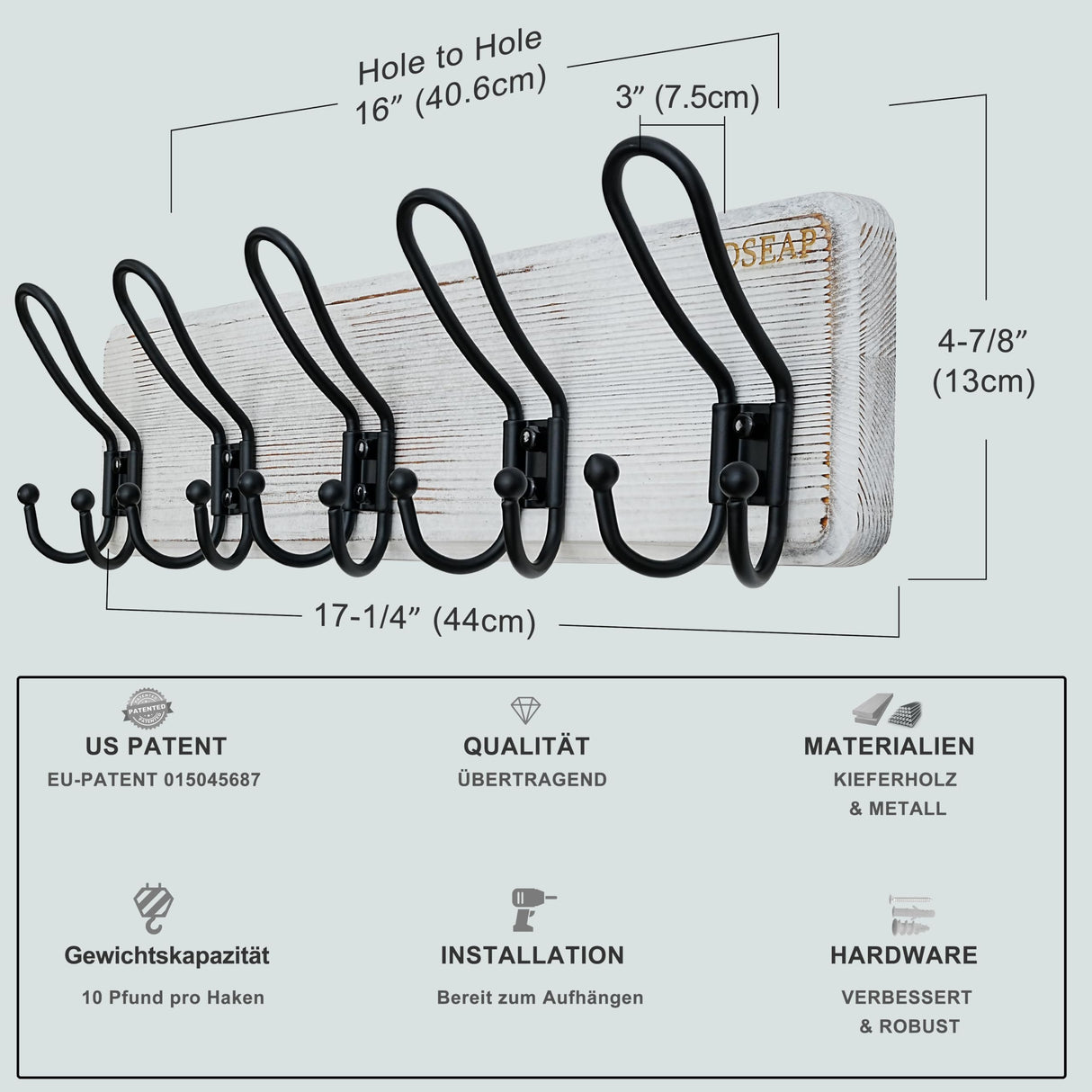 Dseap Coat Rack Wall Mounted - Heavy Duty Farmhouse Rustic Wall Coat Hanger with 5 Wire Hooks for Clothes Hat Jacket Towel, RusticWire, J1-5A, Whitewash & Black Dseap