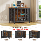 Easycom Dog Crate Furniture, 31.5" Assembly-Free Dog Crates for Small & Medium Dogs, Foldable Dog Kennel Indoor with Tag & Adjustable Dog Bowls, Wooden Dog Cage Use as End Table, Rustic Brown EasyCom