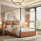 Canopy Bed Frame Queen Size with Upholstered Headboard, Tall Four Poster Metal Platform Bed, Easy to Assemble, No Box Spring Needed, Brown QNICE