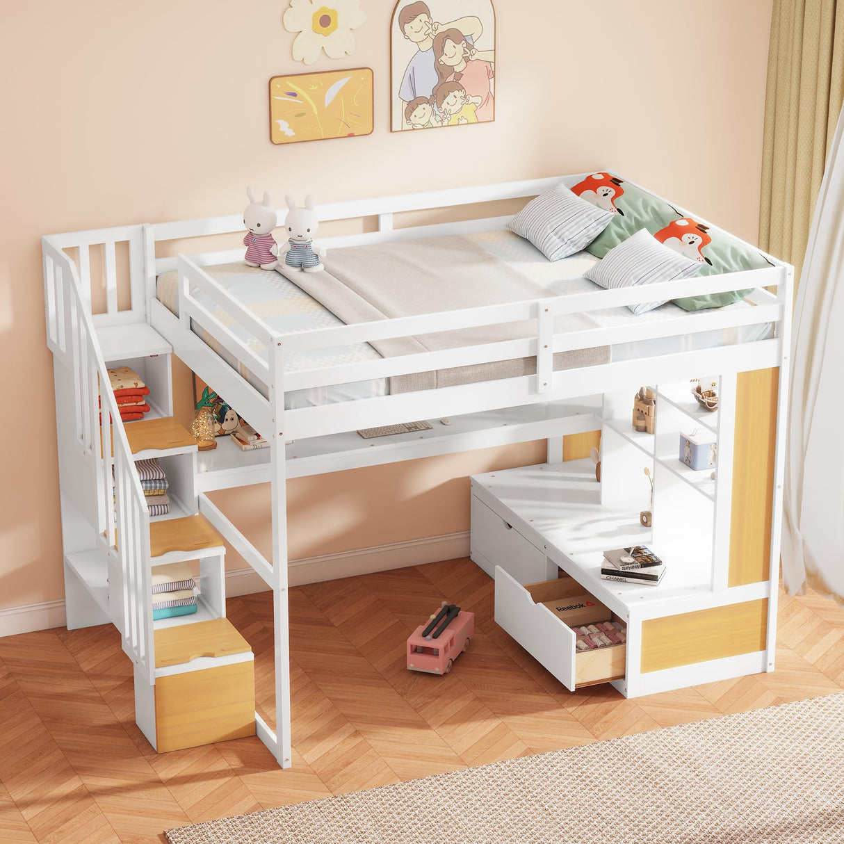 Harper & Bright Designs Natural Full Loft Bed with Desk, Stairs, and Storage Solutions for Kids and Teens Harper & Bright Designs
