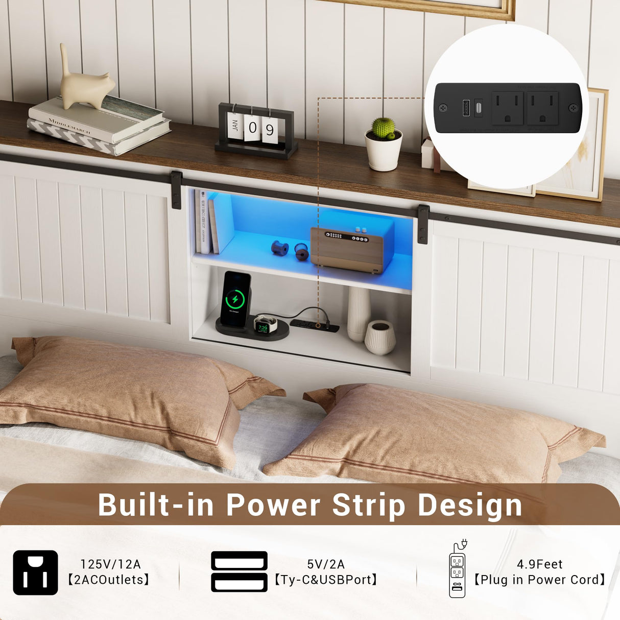 Garvee Farmhouse Full Bed Frame with Storage & Sliding Barn Door, Built-in USB Charging Station, LED Lighting, Noise-Free Design, No Box Spring Needed, Easy Assembly Garvee