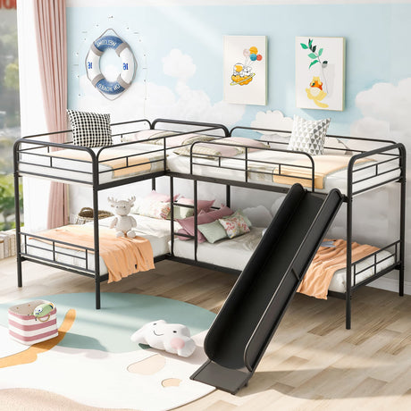 L-Shaped Bunk Bed for 4 Quad Bunk Bed with Slide and Ladder Twin-Over-Twin Metal Bunk Bed Frame for 4 Kids Boys Girls Teens, Black Bellemave