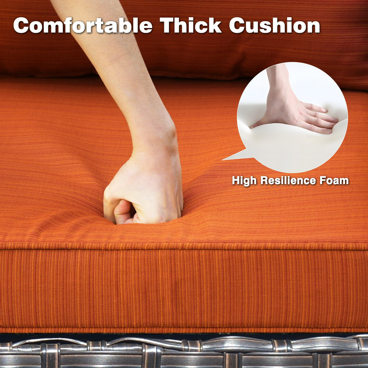 ovios Outdoor Furniture Set 9 Pieces Rocking Swivel Chairs High Back Wicker Rattan Sofa Couch with Square Propane Fire Pit Table, Patio Furniture Set, Brown Wicker, Orange Red ovios