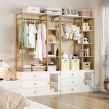 BOTLOG Closet System Organizer, 81.3” H Wardrobe Closet with 3 Wooden Drawers, Clothes Rack with Hanging Rods, 4 Tiers Shelves, Metal Frame, White and Gold BOTLOG