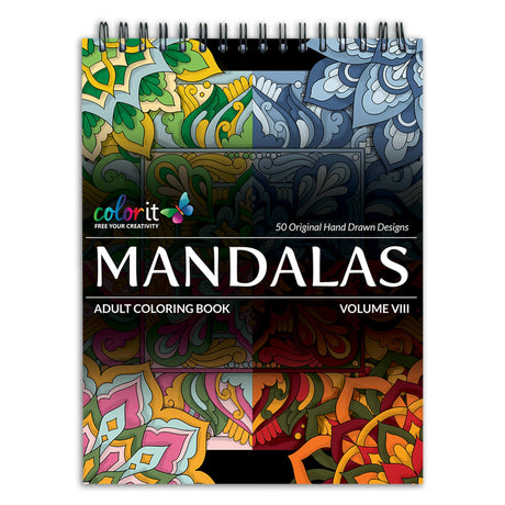 ColorIt Mandalas to Color, Volume VIII Adult Coloring Book 50 Floral and Geometric Mandala Patterns and Designs, Spiral Binding, USA Printed, Lay Flat Hardback Book Cover, Ink Blotter ColorIt