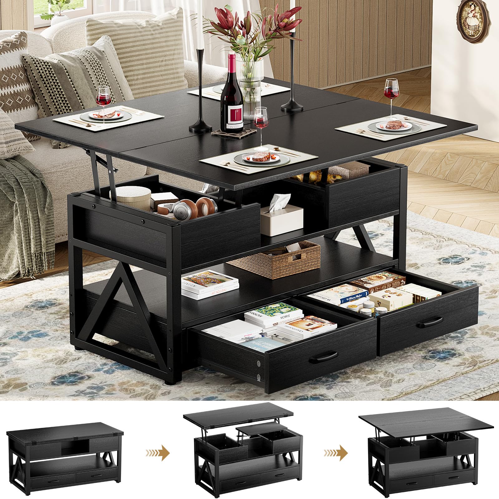 Memobarco 40" Lift Top Coffee Table,4 in 1 Multi-Function Lift Coffee Tables with Storage Drawers and Hidden Compartmen,Farmhouse Coffee Table with Lifting top for Living Room,Black - WoodArtSupply