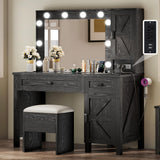 YITAHOME Farmhouse Makeup Vanity Desk with Mirror and Lights, Retro Big Vanity Table Set with Charging Station, Makeup Desk with 2 Drawers & 2 Cabinets, 10 Dimmable Light Bulbs, for Bedroom, Black YITAHOME