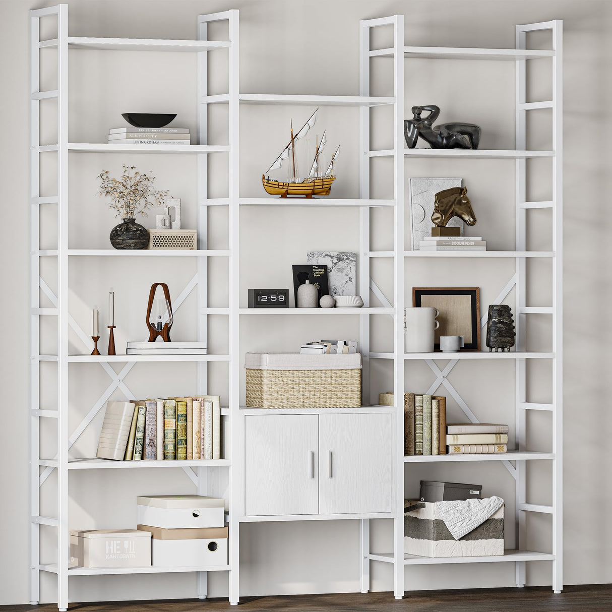astimey 70x78 “ Triple 6 Tier Book Shelf, Industrial Large Bookcase with Storage Cabinet, Tall Bookshelf with 16 Open Display Shelves Metal Frame Furniture for Living Room Bedroom Home Office White astimey