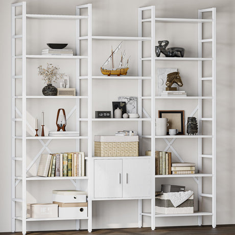 astimey 70x78 “ Triple 6 Tier Book Shelf, Industrial Large Bookcase with Storage Cabinet, Tall Bookshelf with 16 Open Display Shelves Metal Frame Furniture for Living Room Bedroom Home Office White astimey
