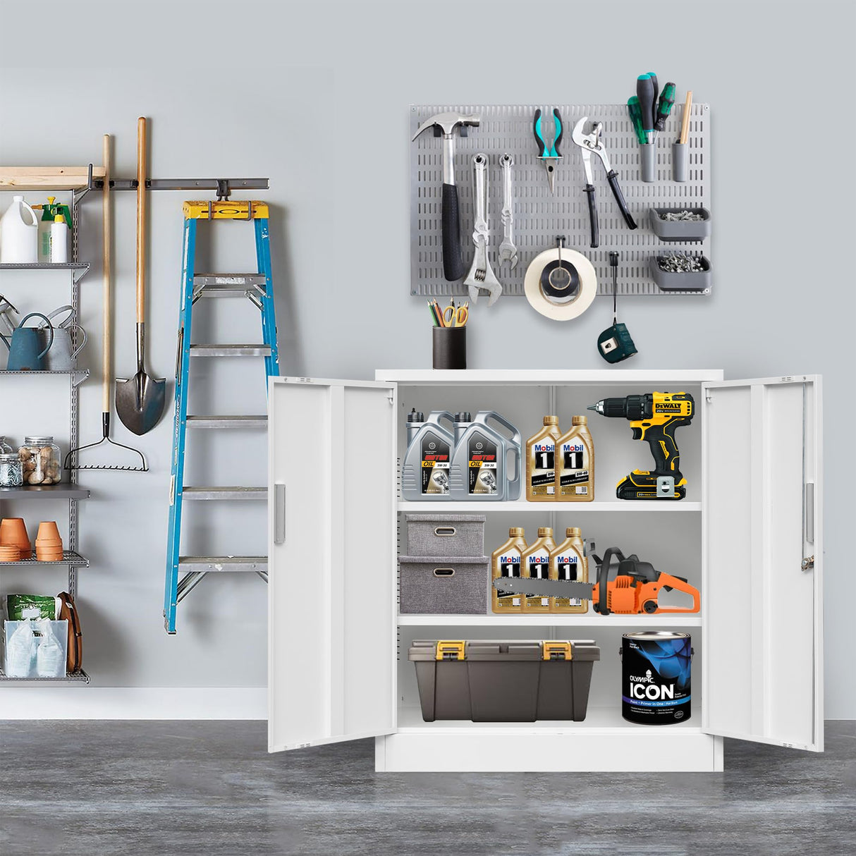 Wanfu Metal Storage Cabinet with Locking Doors and Adjustable Shelves, 36.2" H Steel Storage Cabinet for Garage, Home, Office, Utility Room-White Wanfu