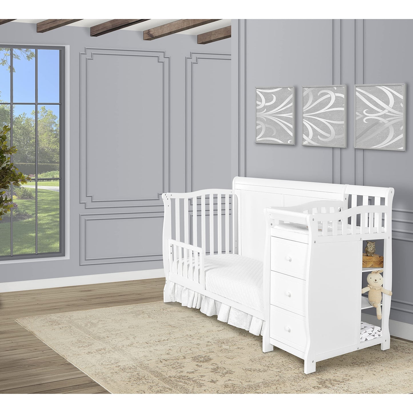 Dream On Me 5-in-1 Brody Full Panel Convertible Crib in White with Changer, Spacious Drawers, Detachable Changing -Table, 1''Changing Pad