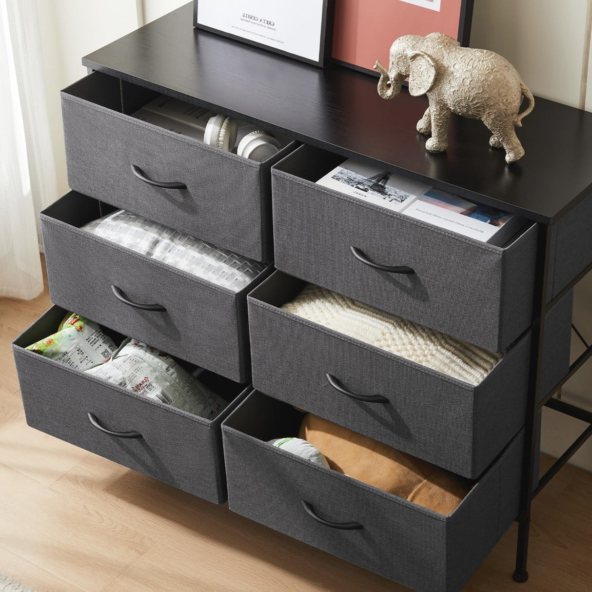 DUMOS TV Stand for Living Room, Dresser for Bedroom Chest of Dresser with 6 Fabric Drawers Storage Organizers Units, Nightstand for Bed DUMOS