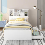 Harper & Bright Designs Twin Size Bed with Storage Headboard and Drawers, Solid Wood Twin Platform Bed Frame with 2 Drawers, 4 Shelves and LED Light, No Box Spring Needed - White Harper & Bright Designs