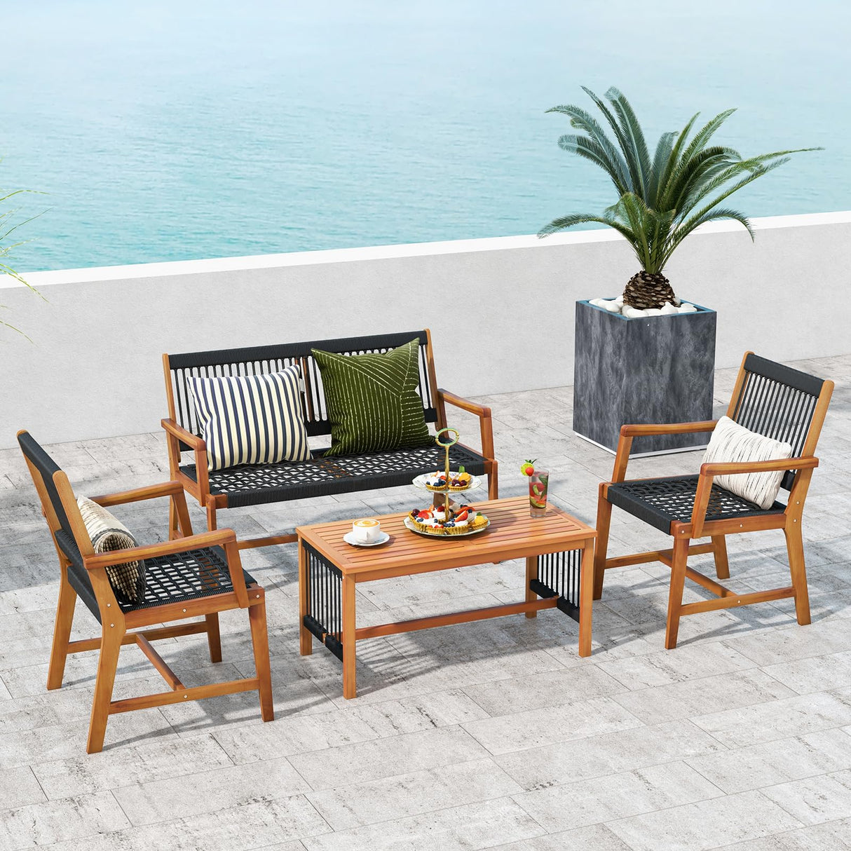 HAPPYGRILL 4 Pieces Patio Furniture Set Acacia Wood Conversation Set with Hand-Woven Rope Design, Ergonomic Loveseat & Single Chairs, Wooden Chair & Table Set for Porch Yard Poolside HAPPYGRILL