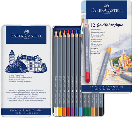 Faber-Castell Goldfaber Aqua Watercolor Pencils - Tin of 12 Colors, Pre-Sharpened Water Colored Pencils Faber-Castell