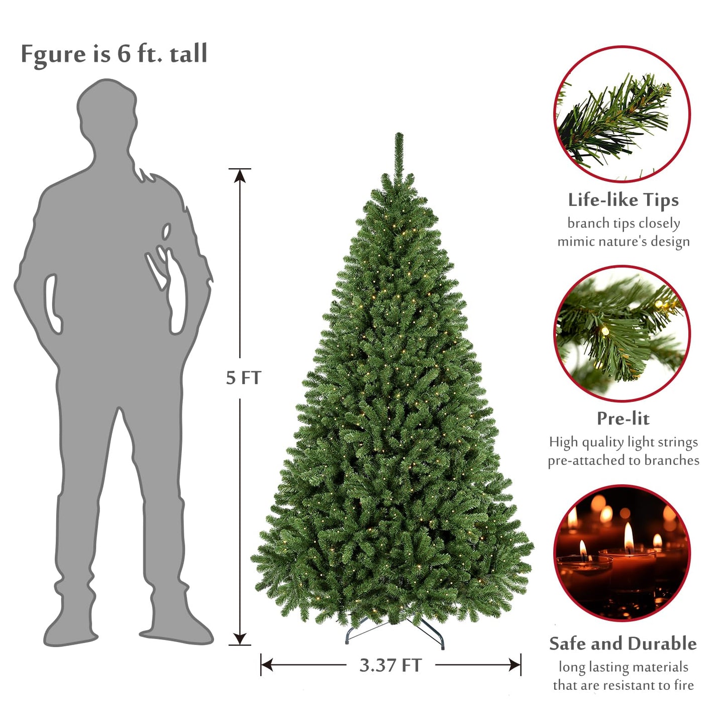 WBHome 5 Feet Christmas Tree, Pre-lit Premium Spruce Hinged Artificial Christmas Tree with 200 Lights, 539 Branch Tips