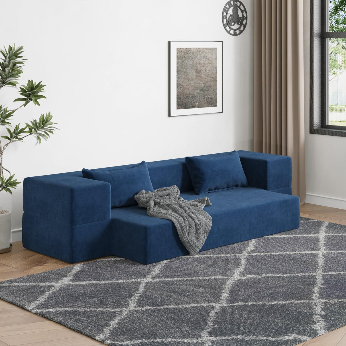 Luoxiao Folding Sofa Bed 2-in-1 Convertible Twin Sleeper Sofa Futon with 2 Pillows - Floor Couch & Bed Mattress for Apartments, College Dorms, Guest Room, Living Room, Navy Blue Luoxiao