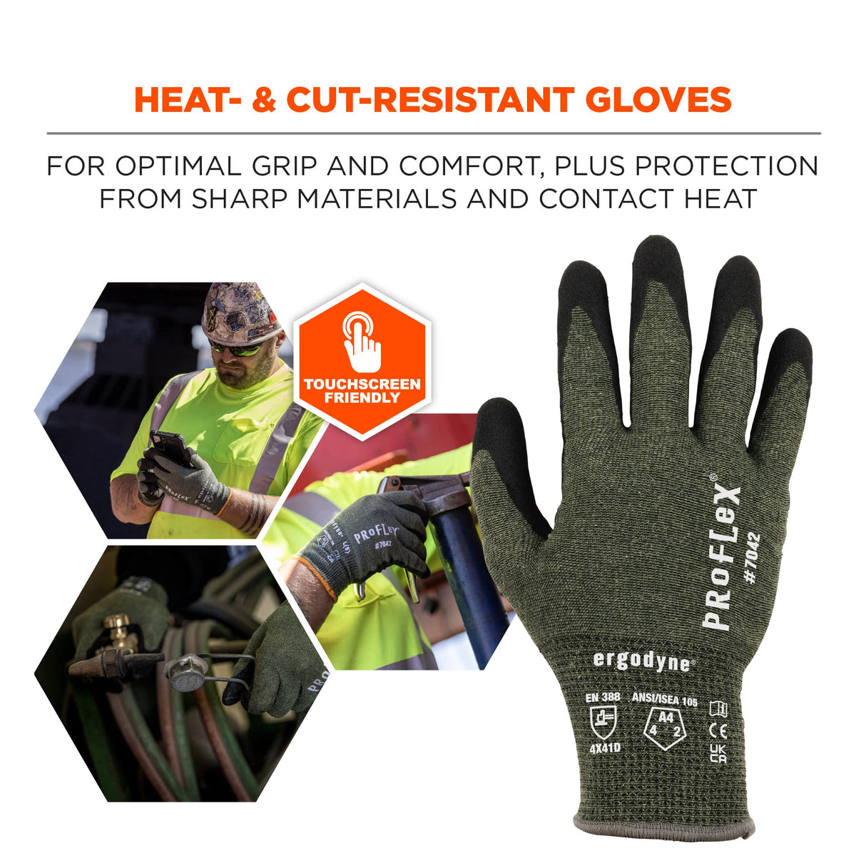 Ergodyne ProFlex 7042 Cut Resistant Work Gloves, ANSI A4, Contact Heat Resistant, Sandy Nitrile Coated Palms, 18g Aramid , Green Ergodyne
