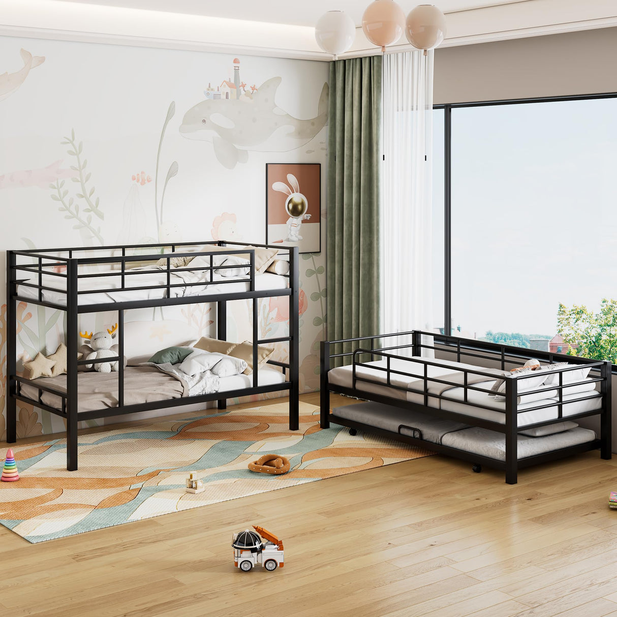 Triple Bunk Bed with Trundle Guardrail & Ladder Twin Size Metal, No Box Spring Needed, Easy Assemble Merax