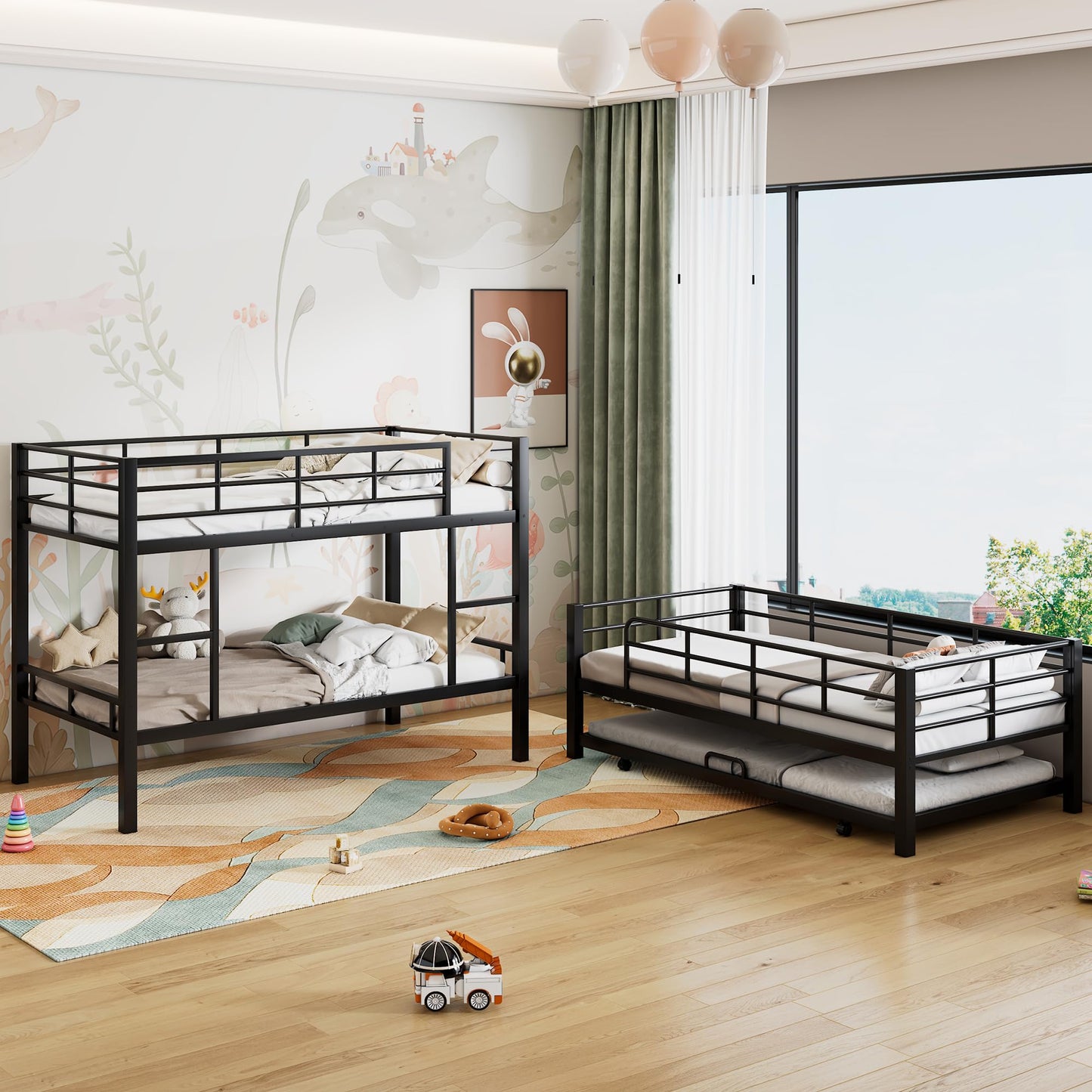 Triple Bunk Bed with Trundle Guardrail & Ladder Twin Size Metal, No Box Spring Needed, Easy Assemble