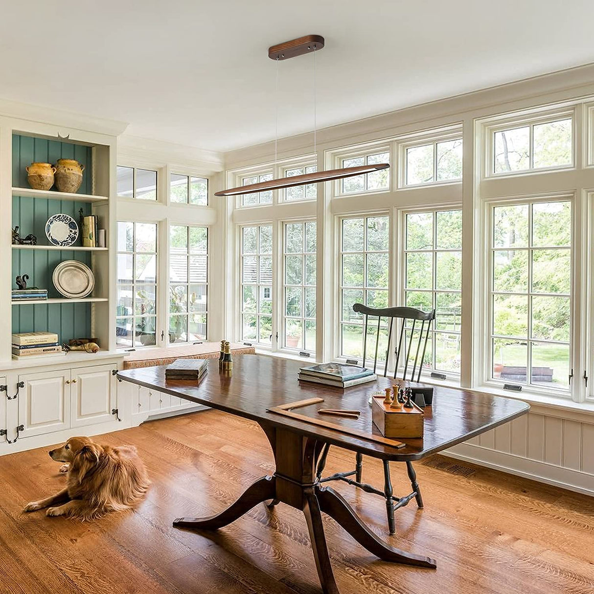 YISDESIGN 39" Wood Linear Pendant Light LED Dimmable Light Fixture Wood Linear Dinning Room Light Island Lights 24w for Dining Room Kitchen Island Pool Table Walnut Color YISDESIGN