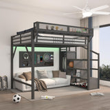 KALALLA Queen Size Loft Bed with Convertible Stairs and LED, USB Ports, Heavy-Duty Metal Loft Bunker Bed with Storage Shelves Integrated Wardrobe for Kids Boys Adults, Black Woodgrain KALALLA