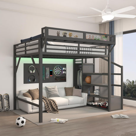 KALALLA Queen Size Loft Bed with Convertible Stairs and LED, USB Ports, Heavy-Duty Metal Loft Bunker Bed with Storage Shelves Integrated Wardrobe for Kids Boys Adults, Black Woodgrain KALALLA