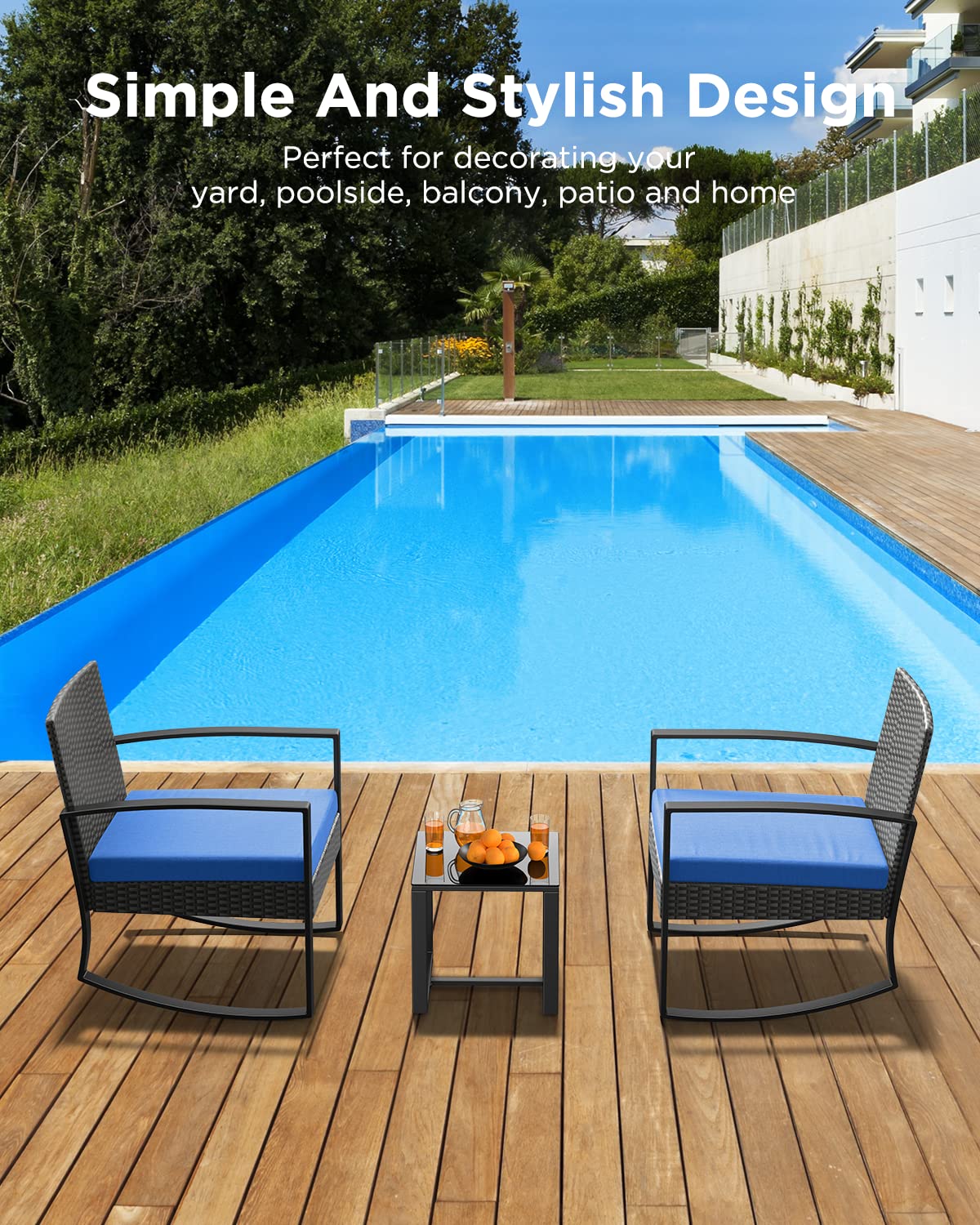 Qsun 3 Piece Patio Bistro Set Patio Furniture Set Outdoor Wicker Rocking Furniture Conversation Set with Tempered Glass Coffee Table for for Front Porch Balcony and Deck (Blue Cushion Qsun