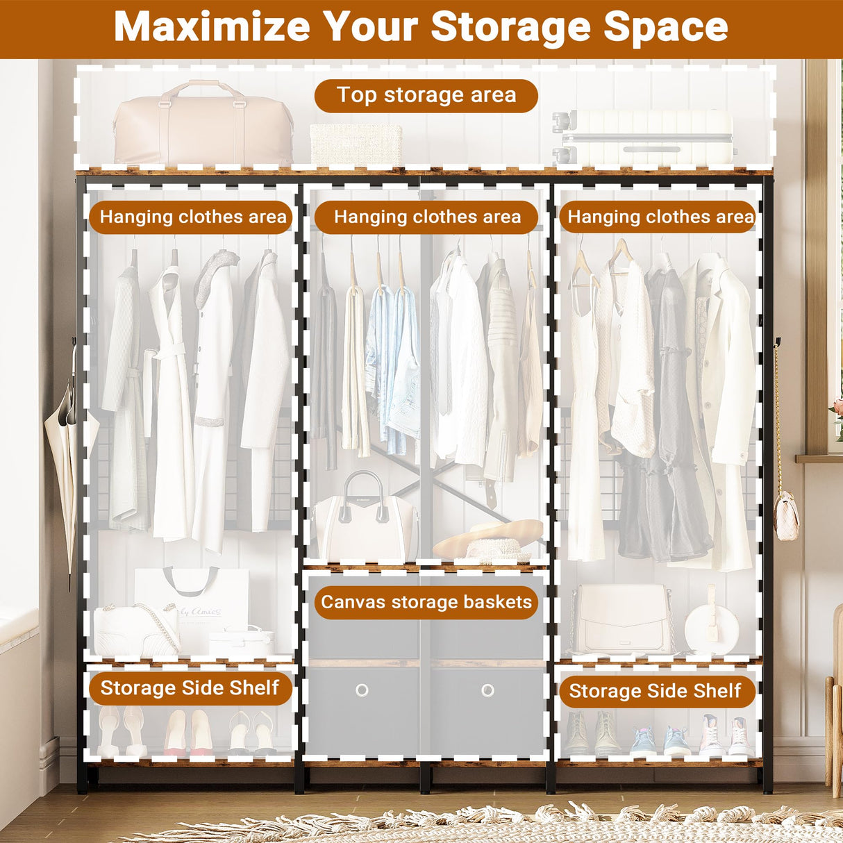 IRONCK Garment Racks with Shelves 4 Drawers and 8 Hooks Heavy Duty Closet Organizer for Hanging Clothes, Freestanding Closet Wardrobe Rack, Vintage Brown IRONCK