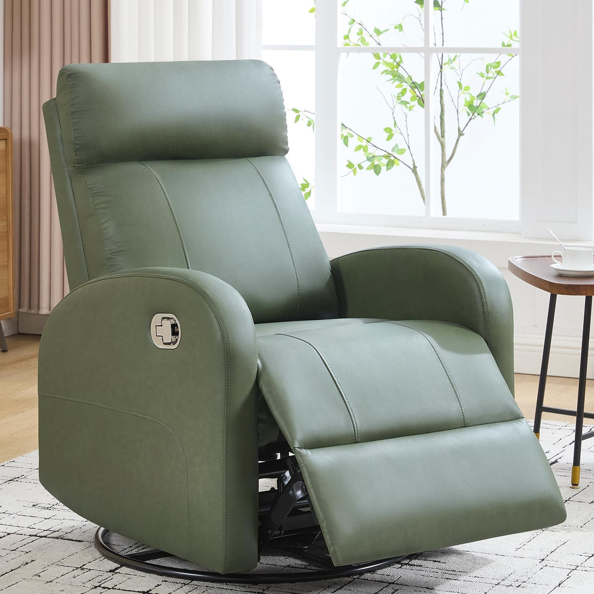 HOMYKA Swivel Rocker Recliner, Faux Leather Rocking Recliner Chair with Manual Adjustable Footrest, Reclining Chair Nursery Glider Recliners for Small Spaces, Living Room, Dark Green HOMYKA