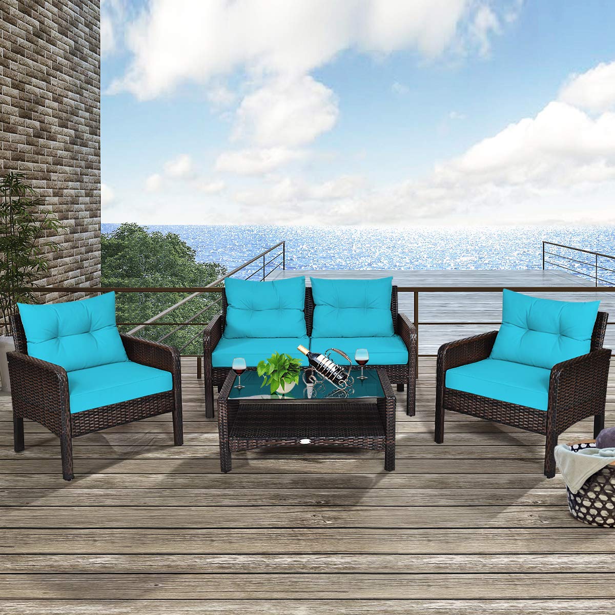 Tangkula 4 Piece Patio Furniture Set, Outdoor Wicker Conversation Set with Glass Top Coffee Table, All Weather Proof and Thick Cushions, Suitable for Porch, Garden, Poolside and Lawn (Turquoi - WoodArtSupply