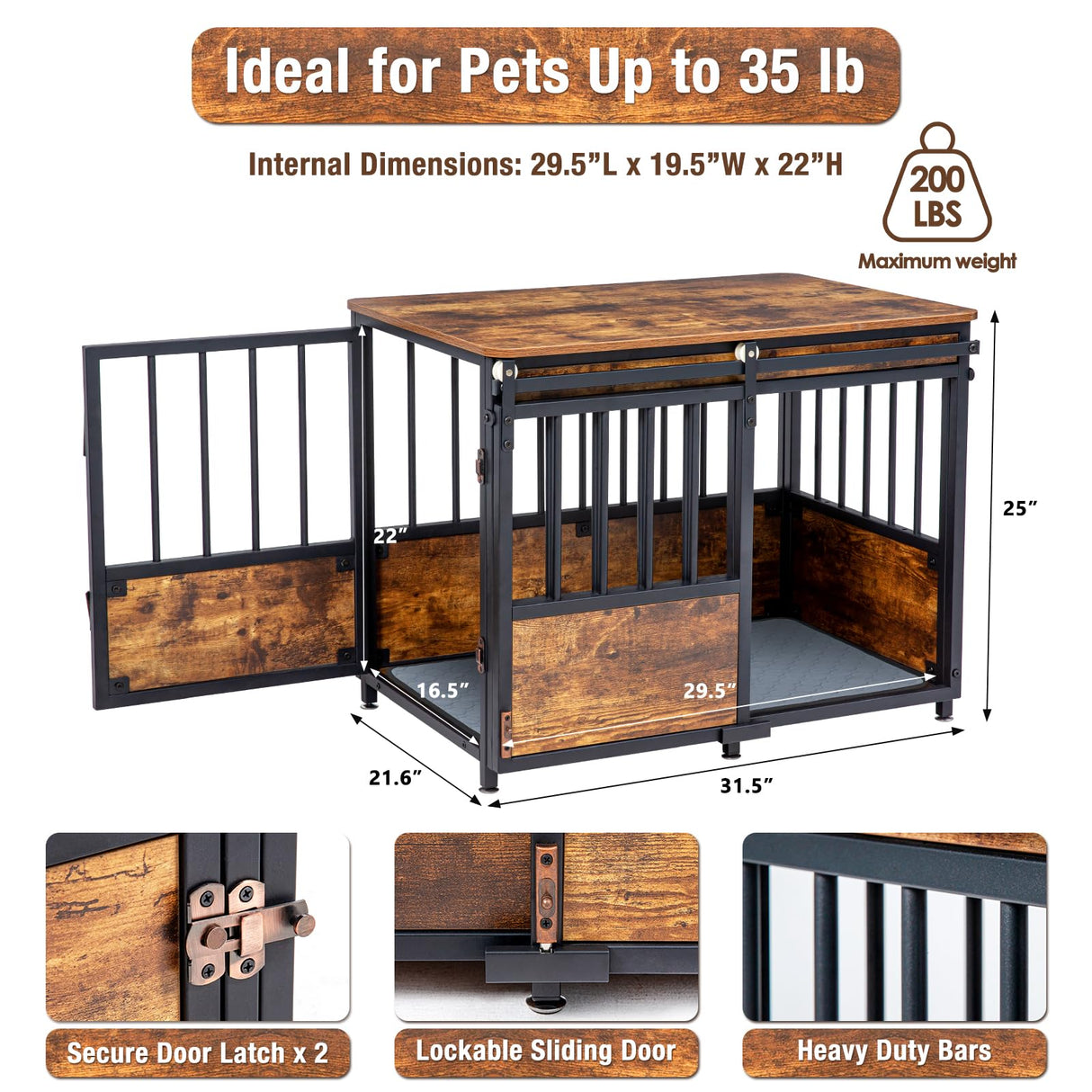 KOOPRO 32 Inch Dog Crate Furniture with Cushion for Large Medium Dogs, Wooden Heavy Duty Dog Kennel with Double Doors, Decorative Pet House Dog Cage Side End Table Indoor, Sliding Door Chew-Resistant KOOPRO