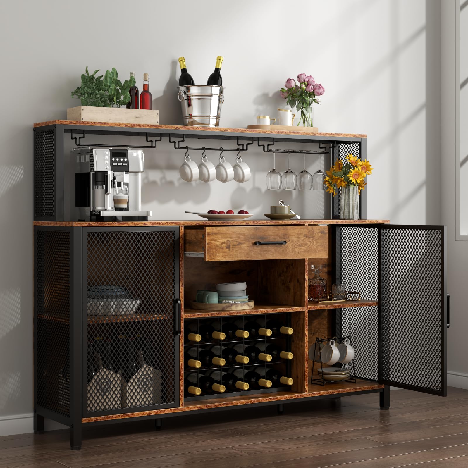 Gyfimoie Wine Bar Cabinet with Drawer and LED Lights, 55 Inches Industry Coffee Bar Cabinet with Wine Rack and Glass Goblet Holder, Kitchen Sideboard Buffet Cabinet for Liquor and Goblet - WoodArtSupply